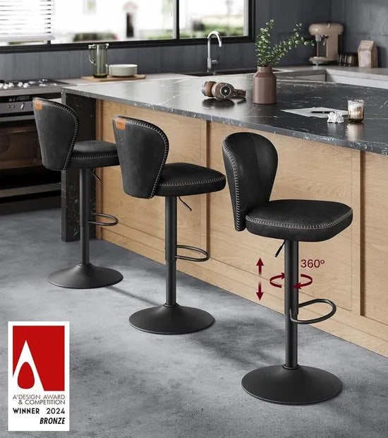FurnStar - Barkruk - 360° Draaibare Barkruk - Set van 2 - In Hoogte Verstelbare Barstoel met Rugleuning - Kunstleer - Naden - Mid-Century Moderne Stijl - Keuken - Huisbar - Eenvoudige Montage - Zwart