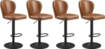 FurnStar - Barkruk - 360° Draaibare Barkruk - Set van 4 - In Hoogte Verstelbare Barstoel met Rugleuning - Kunstleer - Naden - Mid-Century Moderne Stijl - Keuken - Huisbar - Eenvoudige Montage - Karamelbruin