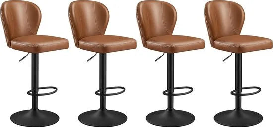 FurnStar - Barkruk - 360° Draaibare Barkruk - Set van 4 - In Hoogte Verstelbare Barstoel met Rugleuning - Kunstleer - Naden - Mid-Century Moderne Stijl - Keuken - Huisbar - Eenvoudige Montage - Karamelbruin