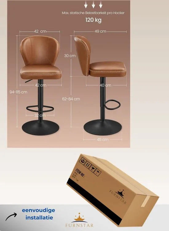 FurnStar - Barkruk - 360° Draaibare Barkruk - Set van 4 - In Hoogte Verstelbare Barstoel met Rugleuning - Kunstleer - Naden - Mid-Century Moderne Stijl - Keuken - Huisbar - Eenvoudige Montage - Karamelbruin