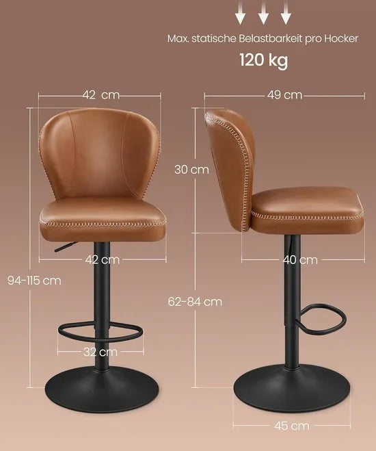 FurnStar - Barkruk - 360° Draaibare Barkruk - Set van 4 - In Hoogte Verstelbare Barstoel met Rugleuning - Kunstleer - Naden - Mid-Century Moderne Stijl - Keuken - Huisbar - Eenvoudige Montage - Karamelbruin