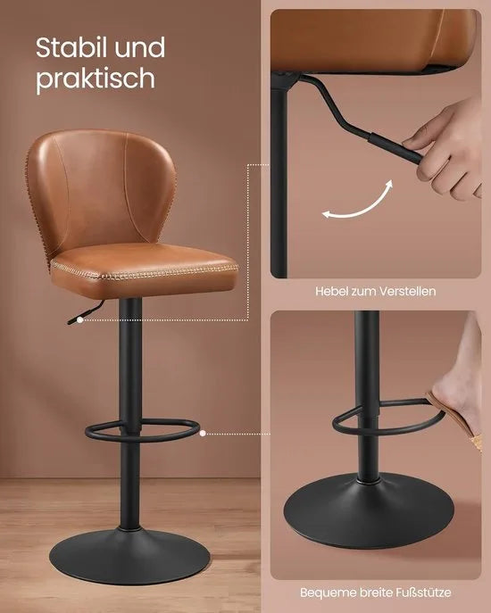 FurnStar - Barkruk - 360° Draaibare Barkruk - Set van 4 - In Hoogte Verstelbare Barstoel met Rugleuning - Kunstleer - Naden - Mid-Century Moderne Stijl - Keuken - Huisbar - Eenvoudige Montage - Karamelbruin