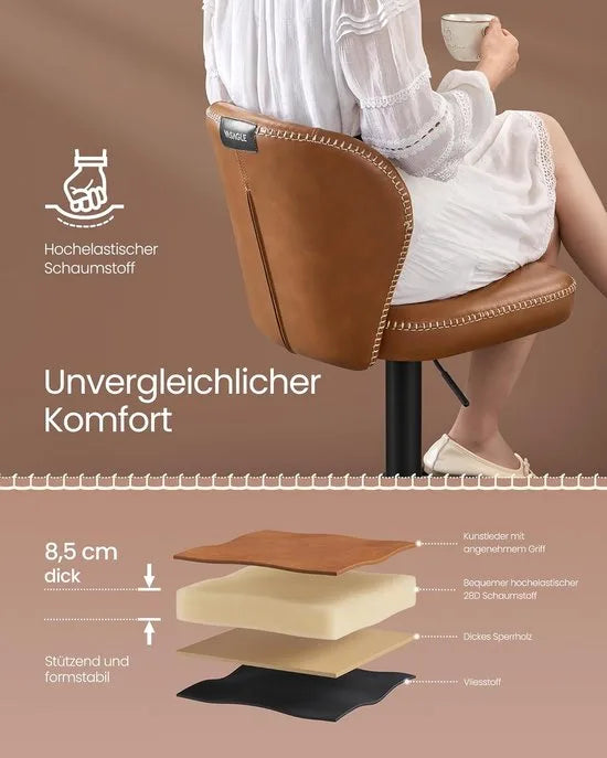 FurnStar - Barkruk - 360° Draaibare Barkruk - Set van 4 - In Hoogte Verstelbare Barstoel met Rugleuning - Kunstleer - Naden - Mid-Century Moderne Stijl - Keuken - Huisbar - Eenvoudige Montage - Karamelbruin