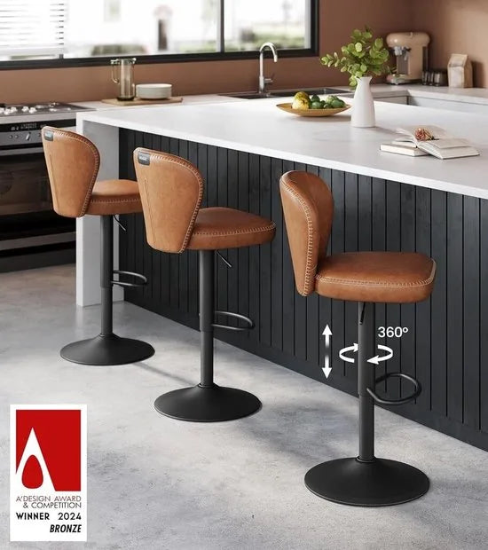 FurnStar - Barkruk - 360° Draaibare Barkruk - Set van 4 - In Hoogte Verstelbare Barstoel met Rugleuning - Kunstleer - Naden - Mid-Century Moderne Stijl - Keuken - Huisbar - Eenvoudige Montage - Karamelbruin