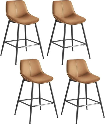 FurnStar - Barkruk - 4-Delige Set - Barstoelen - Ergonomische Rugleuning - Kunstleer - Metalen Poten met Verstelbare Universele Poten - 62 cm Hoog - Thuisbar - Eenvoudige Montage - Karamelbruin
