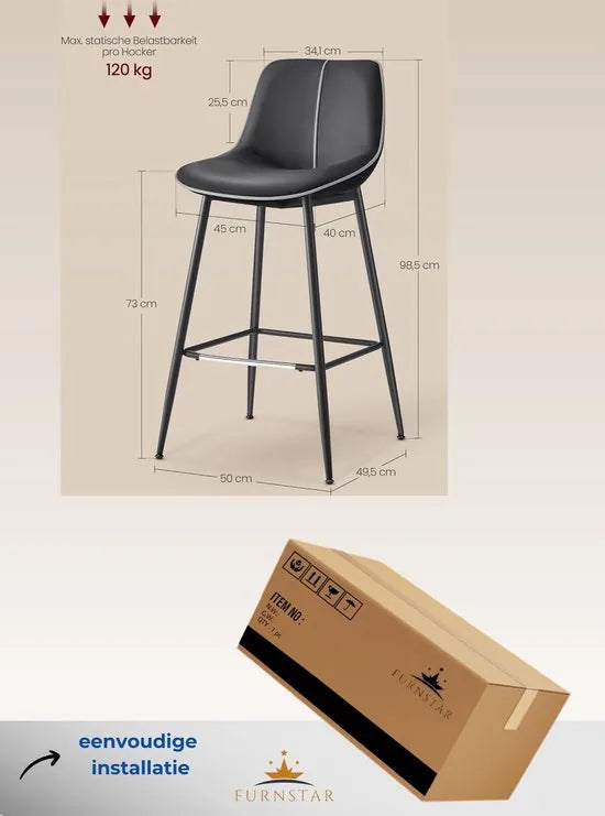 FurnStar - Barkruk - 4-Delige Set - Barstoelen - Ergonomische Rugleuning - Kunstleer - Metalen Poten met Verstelbare Universele Poten - 62 cm Hoog - Thuisbar - Eenvoudige Montage - Inktzwart