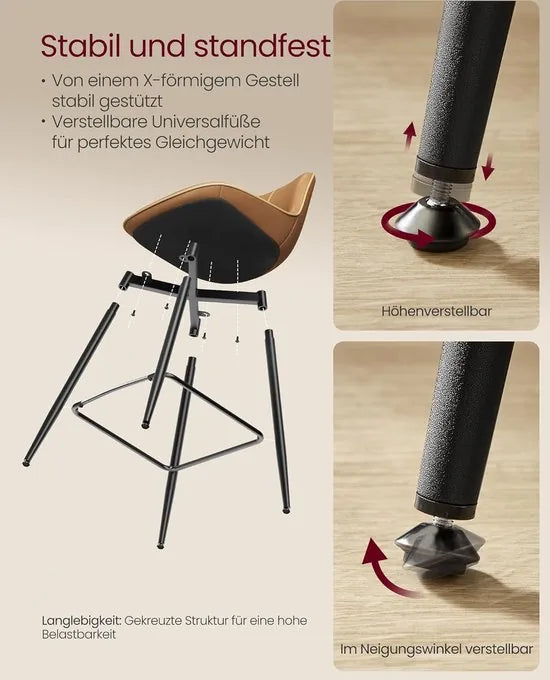 FurnStar - Barkruk - 4-Delige Set - Barstoelen - Ergonomische Rugleuning - Kunstleer - Metalen Poten met Verstelbare Universele Poten - 62 cm Hoog - Thuisbar - Eenvoudige Montage - Karamelbruin
