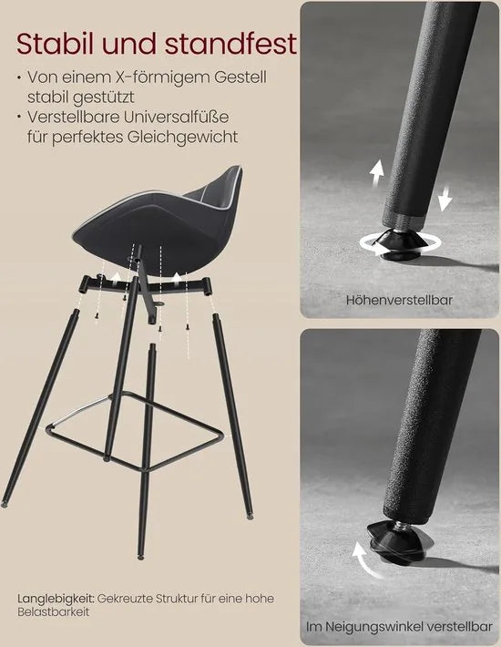 FurnStar - Barkruk - 4-Delige Set - Barstoelen - Ergonomische Rugleuning - Kunstleer - Metalen Poten met Verstelbare Universele Poten - 62 cm Hoog - Thuisbar - Eenvoudige Montage - Inktzwart