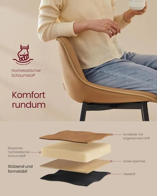 FurnStar - Barkruk - 4-Delige Set - Barstoelen - Ergonomische Rugleuning - Kunstleer - Metalen Poten met Verstelbare Universele Poten - 62 cm Hoog - Thuisbar - Eenvoudige Montage - Karamelbruin