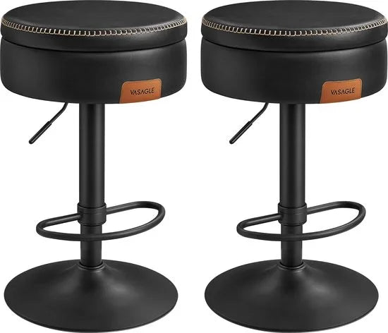 FurnStar - Barkruk Set van 2 - 360° Draaibare Barkruk - In Hoogte Verstelbare Barstoel - Met Opbergruimte - Kunstleer - Naden - Mid-Century Moderne Stijl - Keuken - Huisbar - Eenvoudige Montage - Inktzwart