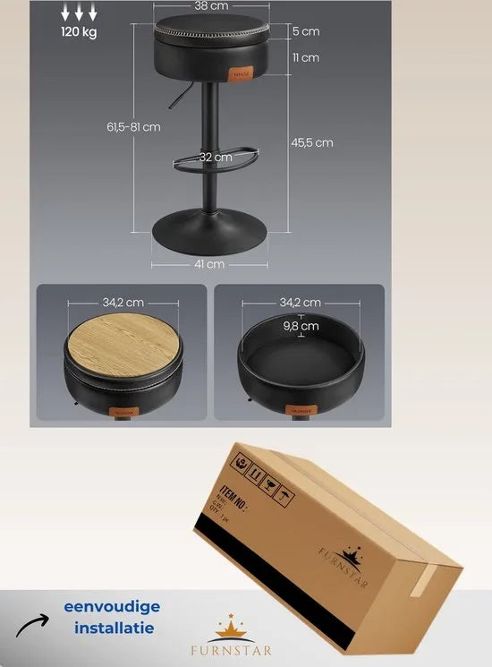 FurnStar - Barkruk Set van 2 - 360° Draaibare Barkruk - In Hoogte Verstelbare Barstoel - Met Opbergruimte - Kunstleer - Naden - Mid-Century Moderne Stijl - Keuken - Huisbar - Eenvoudige Montage - Inktzwart