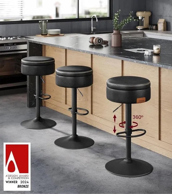 FurnStar - Barkruk Set van 2 - 360° Draaibare Barkruk - In Hoogte Verstelbare Barstoel - Met Opbergruimte - Kunstleer - Naden - Mid-Century Moderne Stijl - Keuken - Huisbar - Eenvoudige Montage - Inktzwart