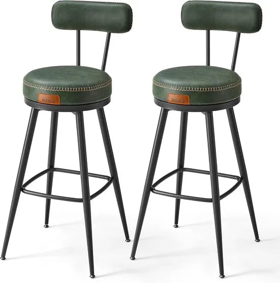 Furnstar - Barkruk set van 2 - 360° draaibare barkruk - Kruk met rugleuning voor bartafel - Kunstleer met naden - Mid-Century moderne stijl - 76 cm hoog - Keuken huisbar – Bosgroen