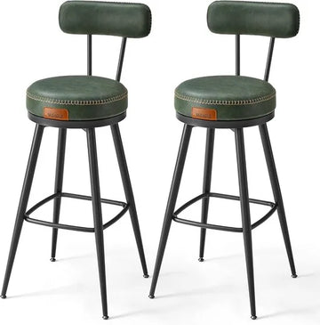 Furnstar - Barkruk set van 2 - 360° draaibare barkruk - Kruk met rugleuning voor bartafel - Kunstleer met naden - Mid-Century moderne stijl - 76 cm hoog - Keuken huisbar – Bosgroen