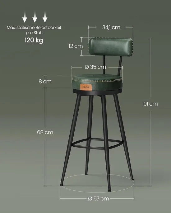 Furnstar - Barkruk set van 2 - 360° draaibare barkruk - Kruk met rugleuning voor bartafel - Kunstleer met naden - Mid-Century moderne stijl - 76 cm hoog - Keuken huisbar – Bosgroen