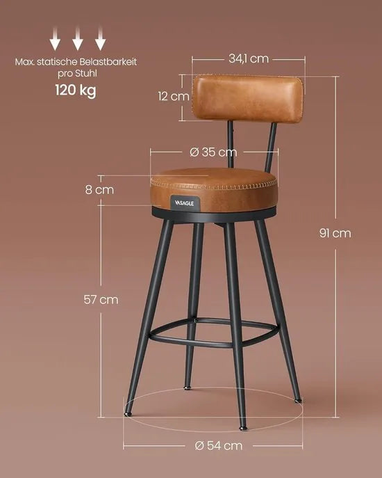 Furnstar - Barkruk set van 2 - 360° draaibare barkruk - Kruk met rugleuning voor keukeneiland - Kunstleer met naden - Mid-Century moderne stijl - 65 cm hoog - Keuken huisbar - Karamelbruin