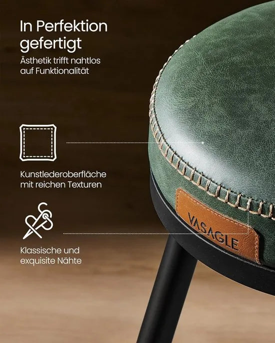 Furnstar - Barkruk set van 2 - 360° draaibare barkruk - Kruk met rugleuning voor bartafel - Kunstleer met naden - Mid-Century moderne stijl - 76 cm hoog - Keuken huisbar – Bosgroen