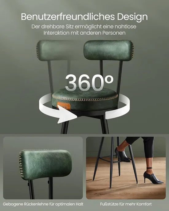 Furnstar - Barkruk set van 2 - 360° draaibare barkruk - Kruk met rugleuning voor bartafel - Kunstleer met naden - Mid-Century moderne stijl - 76 cm hoog - Keuken huisbar – Bosgroen