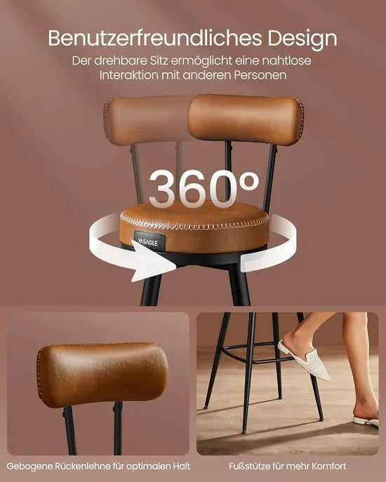 Furnstar - Barkruk set van 2 - 360° draaibare barkruk - Kruk met rugleuning voor keukeneiland - Kunstleer met naden - Mid-Century moderne stijl - 65 cm hoog - Keuken huisbar - Karamelbruin