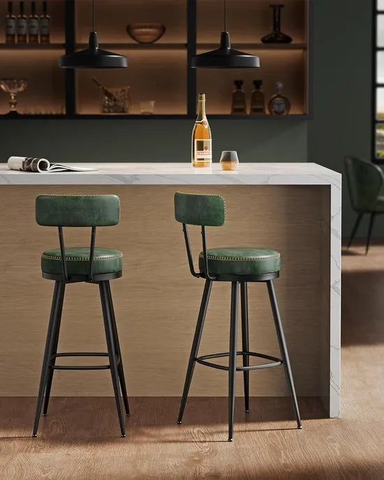 Furnstar - Barkruk set van 2 - 360° draaibare barkruk - Kruk met rugleuning voor bartafel - Kunstleer met naden - Mid-Century moderne stijl - 76 cm hoog - Keuken huisbar – Bosgroen