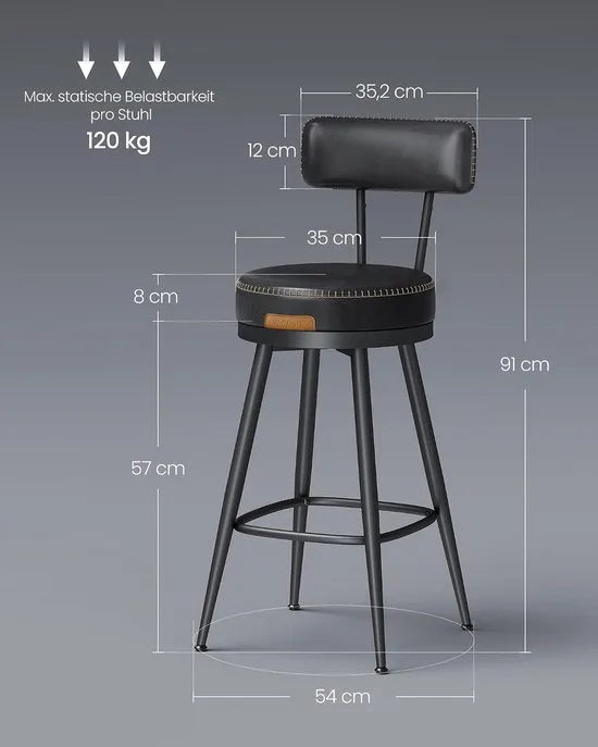 Furnstar - Barkruk set van 2 - 360° draaibare barkruk - Kruk met rugleuning voor keukeneiland - Kunstleer met naden - Mid-Century moderne stijl - 65 cm hoog - Keuken huisbar - Inktzwart