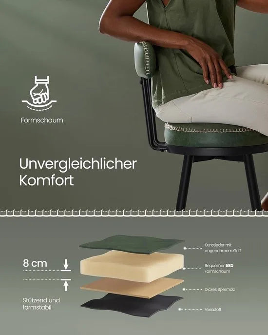Furnstar - Barkruk set van 2 - 360° draaibare barkruk - Kruk met rugleuning voor bartafel - Kunstleer met naden - Mid-Century moderne stijl - 76 cm hoog - Keuken huisbar – Bosgroen