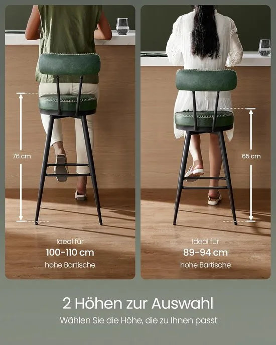Furnstar - Barkruk set van 2 - 360° draaibare barkruk - Kruk met rugleuning voor bartafel - Kunstleer met naden - Mid-Century moderne stijl - 76 cm hoog - Keuken huisbar – Bosgroen
