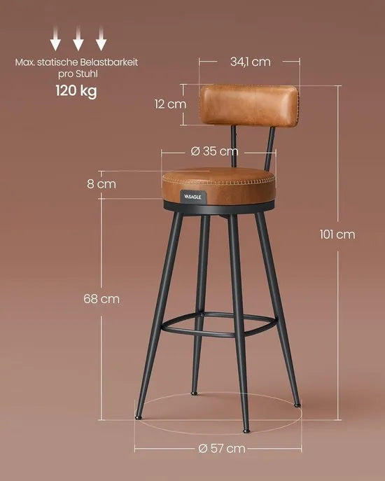 Furnstar - Barkruk set van 2 - 360° draaibare barkruk - Kruk met rugleuning voor bartafel - Kunstleer met naden - Mid-Century moderne stijl - 76 cm hoog - Keuken huisbar - Karamelbruin