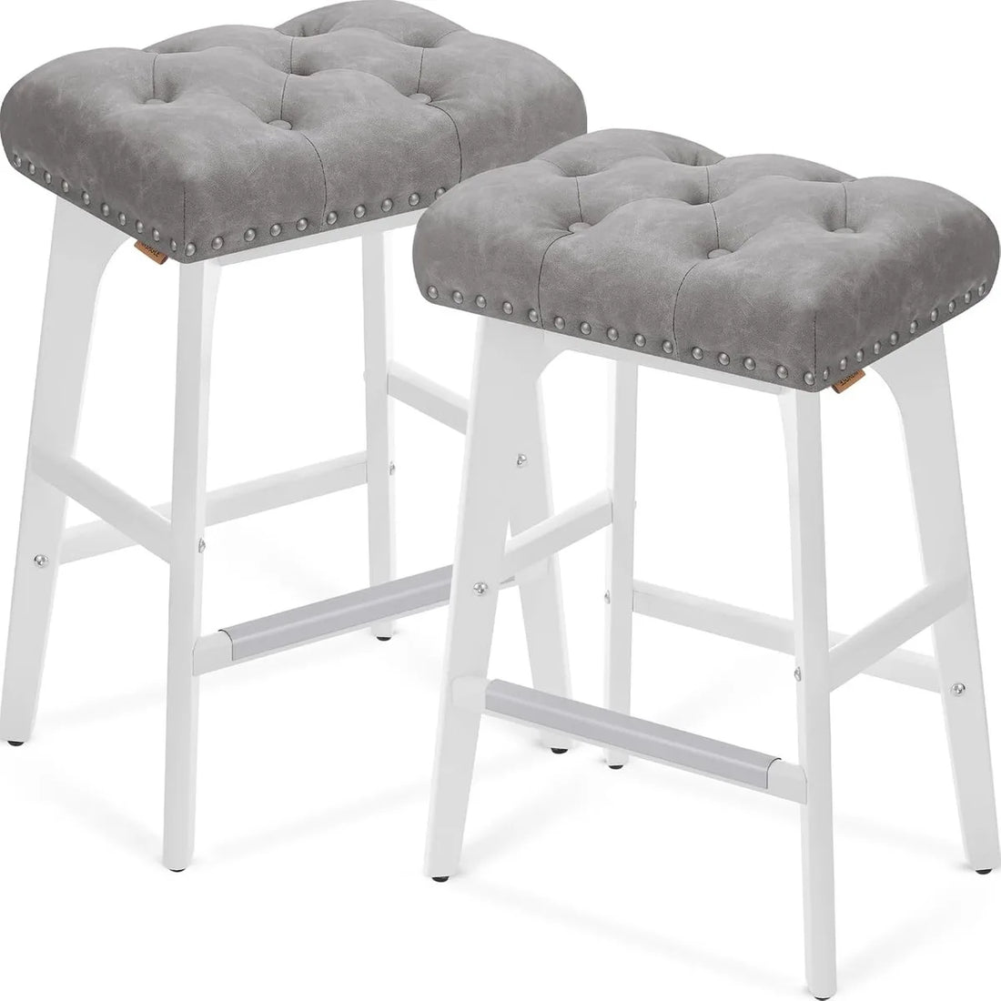 Furnstar - Barkruk set van 2 - Barstoel - Keukenstoel - Kunstleer met decoratieve knopen en nagels - Massief houten poten - 66 cm hoog - Huisbar en eetkamer - Eenvoudige montage - Duifgrijs - LBC085G01