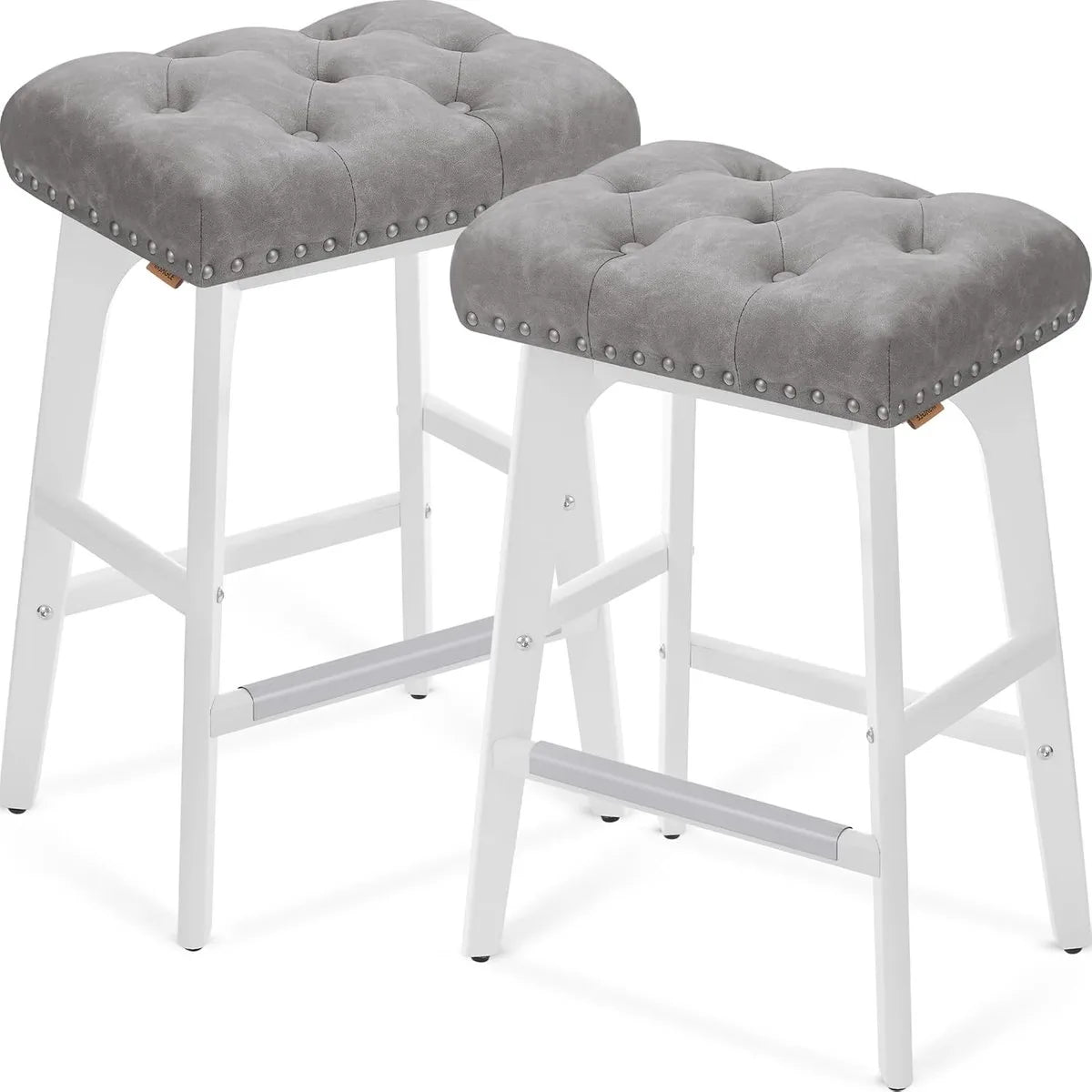 Furnstar - Barkruk set van 2 - Barstoel - Keukenstoel - Kunstleer met decoratieve knopen en nagels - Massief houten poten - 66 cm hoog - Huisbar en eetkamer - Eenvoudige montage - Duifgrijs - LBC085G01