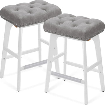 Furnstar - Barkruk set van 2 - Barstoel - Keukenstoel - Kunstleer met decoratieve knopen en nagels - Massief houten poten - 66 cm hoog - Huisbar en eetkamer - Eenvoudige montage - Duifgrijs - LBC085G01