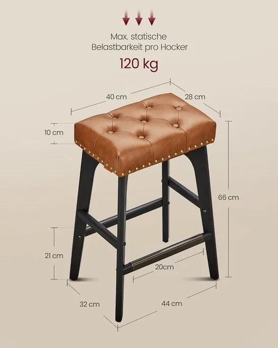 Furnstar - Barkruk set van 2 - Barstoel - Keukenstoel - Kunstleer met decoratieve knopen en nagels - Massief houten poten - 66 cm hoog - Huisbar en eetkamer - Eenvoudige montage - Koffiebruin - LBC085K01