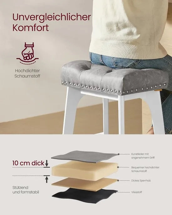 Furnstar - Barkruk set van 2 - Barstoel - Keukenstoel - Kunstleer met decoratieve knopen en nagels - Massief houten poten - 66 cm hoog - Huisbar en eetkamer - Eenvoudige montage - Duifgrijs - LBC085G01