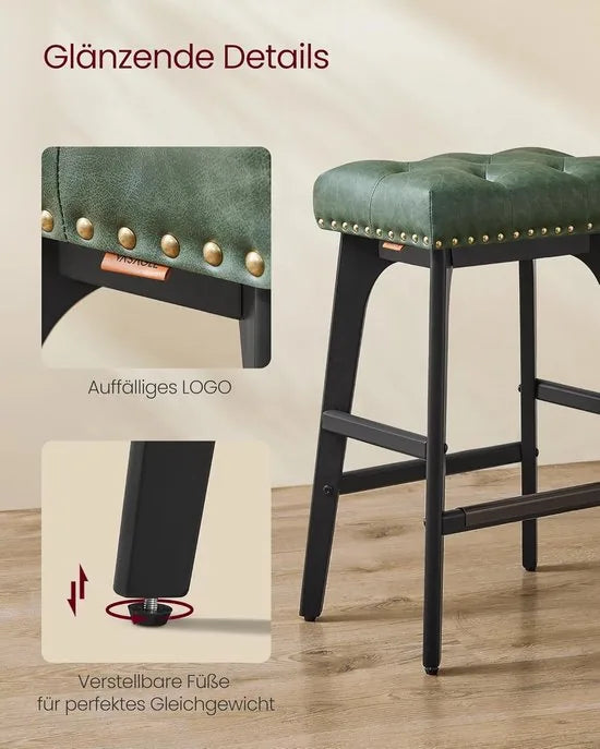 Furnstar - Barkruk set van 2 - Barstoel - Keukenstoel - Kunstleer met decoratieve knopen en nagels - Massief houten poten - 66 cm hoog - Huisbar en eetkamer - Eenvoudige montage - Bosgroen - LBC085C01