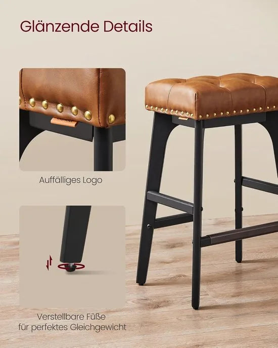 Furnstar - Barkruk set van 2 - Barstoel - Keukenstoel - Kunstleer met decoratieve knopen en nagels - Massief houten poten - 66 cm hoog - Huisbar en eetkamer - Eenvoudige montage - Koffiebruin - LBC085K01