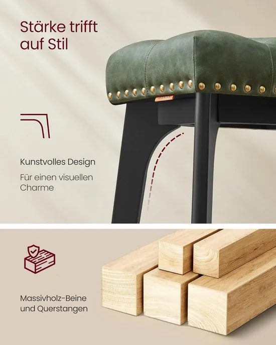 Furnstar - Barkruk set van 2 - Barstoel - Keukenstoel - Kunstleer met decoratieve knopen en nagels - Massief houten poten - 66 cm hoog - Huisbar en eetkamer - Eenvoudige montage - Bosgroen - LBC085C01