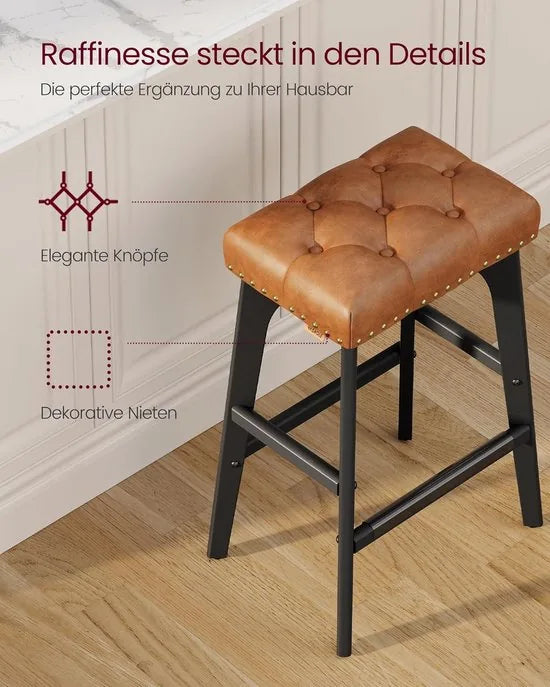 Furnstar - Barkruk set van 2 - Barstoel - Keukenstoel - Kunstleer met decoratieve knopen en nagels - Massief houten poten - 66 cm hoog - Huisbar en eetkamer - Eenvoudige montage - Koffiebruin - LBC085K01