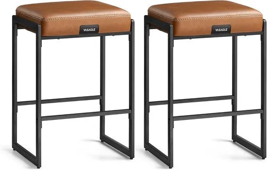 Furnstar Barkruk – Set van 2 – Barstoel / Keukenstoel – Kunstleer met Naden – Mid-Century Modern Design – Zithoogte 66 cm – Voor Huisbar & Eetkamer – Eenvoudige Montage – Karamelbruin