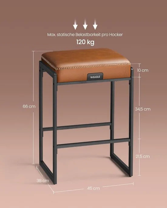 Furnstar Barkruk – Set van 2 – Barstoel / Keukenstoel – Kunstleer met Naden – Mid-Century Modern Design – Zithoogte 66 cm – Voor Huisbar & Eetkamer – Eenvoudige Montage – Karamelbruin