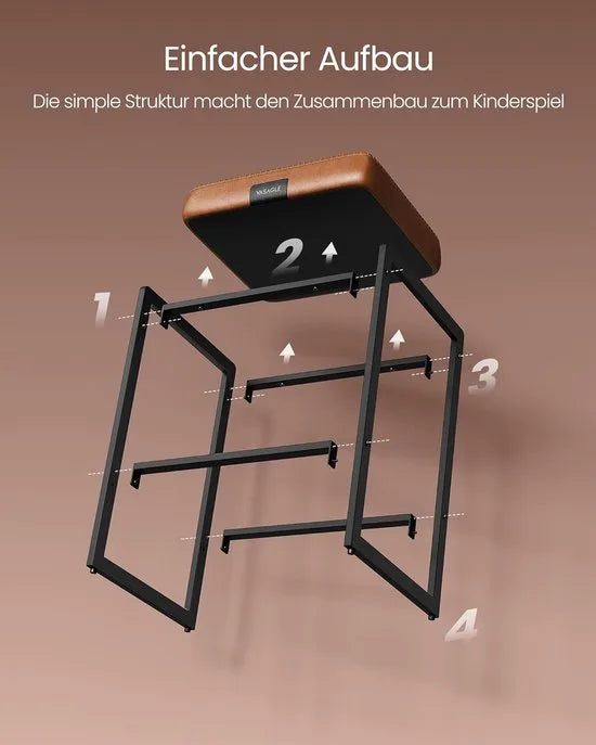 Furnstar Barkruk – Set van 2 – Barstoel / Keukenstoel – Kunstleer met Naden – Mid-Century Modern Design – Zithoogte 66 cm – Voor Huisbar & Eetkamer – Eenvoudige Montage – Karamelbruin