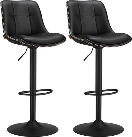 FurnStar - Barkruk Set van 2 - Barstoelen - Ergonomische Rugleuning - Kunstleer - Metalen Poten met Verstelbare Universele Poten - Tussen 63 en 84 cm hoog - 360 graden draaibaar - Thuisbar - Eenvoudige Montage - Inktzwart