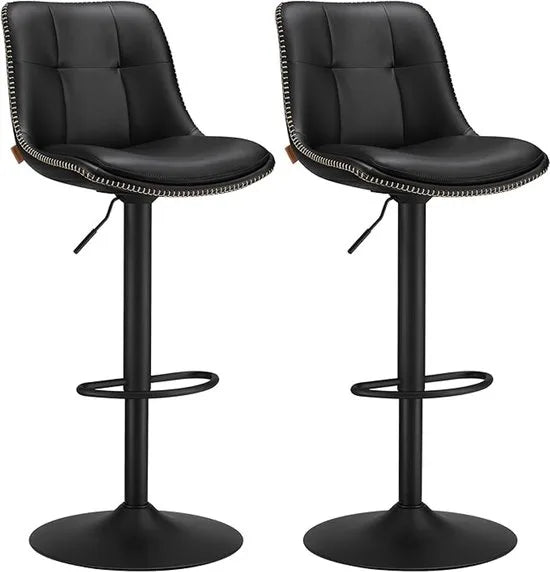 FurnStar - Barkruk Set van 2 - Barstoelen - Ergonomische Rugleuning - Kunstleer - Metalen Poten met Verstelbare Universele Poten - Tussen 63 en 84 cm hoog - 360 graden draaibaar - Thuisbar - Eenvoudige Montage - Inktzwart