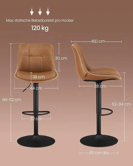 FurnStar - Barkruk Set van 2 - Barstoelen - Ergonomische Rugleuning - Kunstleer - Metalen Poten met Verstelbare Universele Poten - Tussen 63 en 84 cm in hoogte verstelbaar - 360 graden draaibaar -Thuisbar - Eenvoudige Montage - Karamelbruin