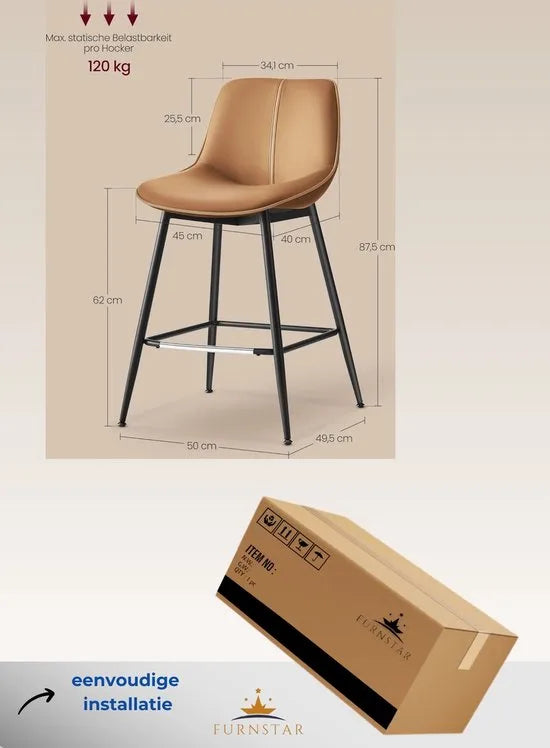 FurnStar - Barkruk Set van 2 - Barstoelen - Ergonomische Rugleuning - Kunstleer - Metalen Poten met Verstelbare Universele Poten - Tussen 63 en 84 cm in hoogte verstelbaar - 360 graden draaibaar -Thuisbar - Eenvoudige Montage - Karamelbruin