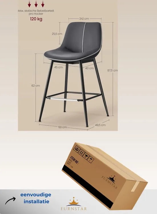 FurnStar - Barkruk Set van 2 - Barstoelen - Ergonomische Rugleuning - Kunstleer - Metalen Poten met Verstelbare Universele Poten - Tussen 63 en 84 cm hoog - 360 graden draaibaar - Thuisbar - Eenvoudige Montage - Inktzwart