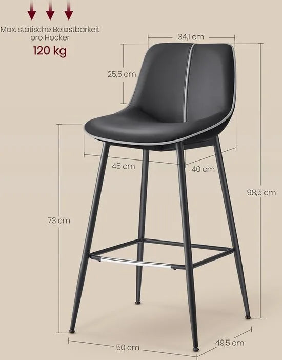 FurnStar - Barkruk Set van 2 - Barstoelen - Ergonomische Rugleuning - Kunstleer - Metalen Poten met Verstelbare Universele Poten - 73 cm Hoog - Thuisbar - Eenvoudige Montage - Inktzwart