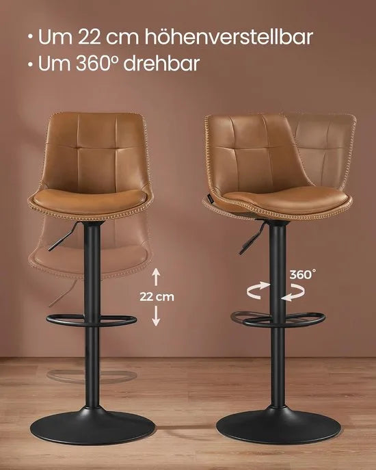 FurnStar - Barkruk Set van 2 - Barstoelen - Ergonomische Rugleuning - Kunstleer - Metalen Poten met Verstelbare Universele Poten - Tussen 63 en 84 cm in hoogte verstelbaar - 360 graden draaibaar -Thuisbar - Eenvoudige Montage - Karamelbruin