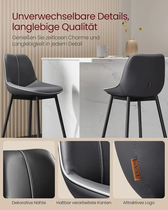 FurnStar - Barkruk Set van 2 - Barstoelen - Ergonomische Rugleuning - Kunstleer - Metalen Poten met Verstelbare Universele Poten - 73 cm Hoog - Thuisbar - Eenvoudige Montage - Inktzwart