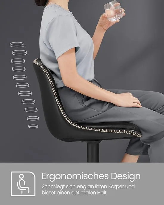 FurnStar - Barkruk Set van 2 - Barstoelen - Ergonomische Rugleuning - Kunstleer - Metalen Poten met Verstelbare Universele Poten - Tussen 63 en 84 cm hoog - 360 graden draaibaar - Thuisbar - Eenvoudige Montage - Inktzwart
