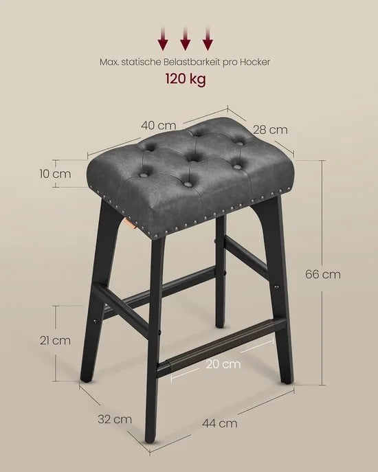 Furnstar - Barkruk set van 2 - Keukenstoel - Kunstleer met decoratieve knopen en nagels - Massief houten poten - 66 cm hoog - Huisbar en eetkamer - Eenvoudige montage - Inktzwart - LBC085G02